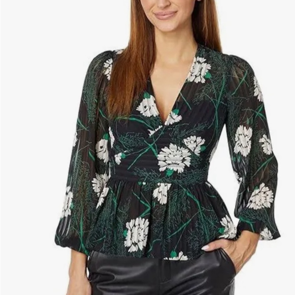 BCBG Maxazria Shadow Strip Floral Peplum Top